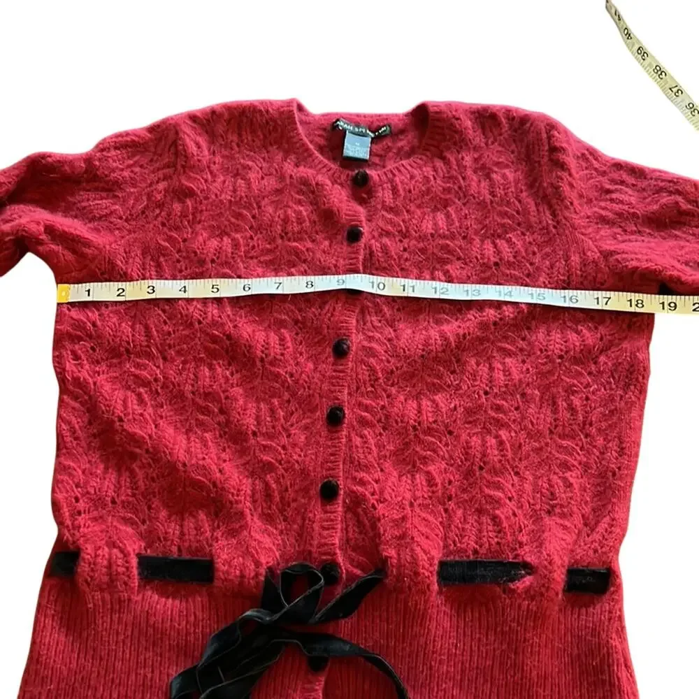 Sarah Spencer M Red Knit Cardigan Sweater with Black Velvet Ribbon and Buttons
